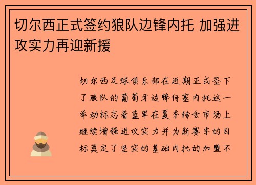 切尔西正式签约狼队边锋内托 加强进攻实力再迎新援